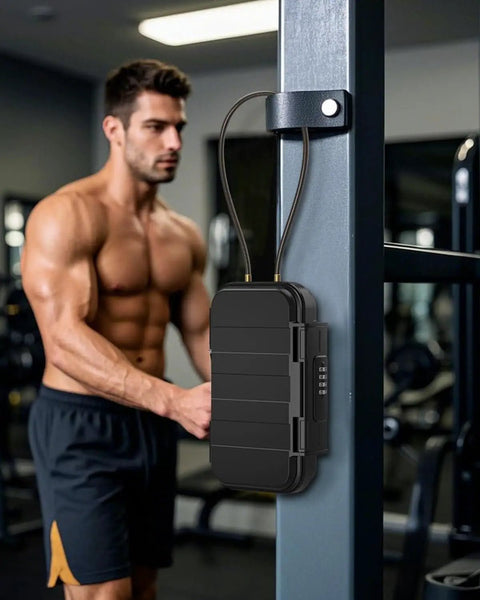 Portable Safe Box With Combo Lock attached to gym equipment, showcasing its waterproof anti theft security, mini travel safe size, and removable chain.