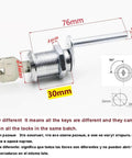 Diagram showing chrome drawer cabinet lock with 30mm diameter for office furniture, including measurements and flat key design.