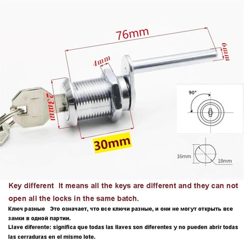 Diagram showing chrome drawer cabinet lock with 30mm diameter for office furniture, including measurements and flat key design.