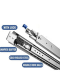 Heavy Duty Drawer Slides With Lock, 120kg Load Capacity, showcasing cold rolled steel, double row balls, and damper buffer design.