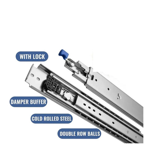 Heavy Duty Drawer Slides With Lock, 120kg Load Capacity, showcasing cold rolled steel, double row balls, and damper buffer design.