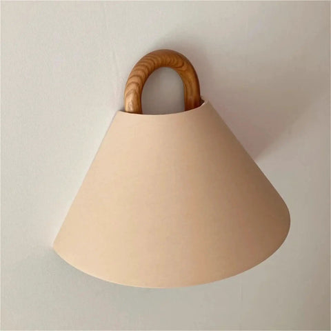 Wall Sconce Lights Indoor Bedroom Hallway Modern Fabric,Wood Ring E14 Lamp for with beige fabric shade and wood handle.