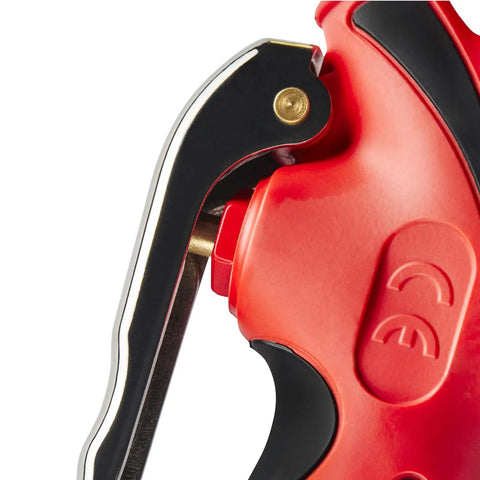 Heavy-Duty Digital Tire Pressure Gauge With Inflator, Clip-On Chuck, 20 Inch Air Hose, Easy Read 0.1 PSI Display, Pistol Grip, Pro Grade Build, 255 PSI Max, 1/4 Inch NPT, Made In USA, red clip-on chuck close-up