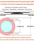 Illustration showing size recommendation for Large Glass Lazy Susan Turntable Rotating Serving Tray For Dining Tables And Kitchens.