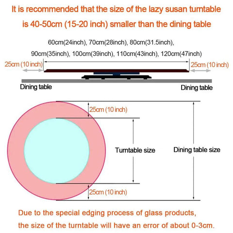 Diagram showing size recommendations for Big Ol Black Lazy Susan Turntable For Dining Tables Swivel Serving Tray 60cm To 120cm.