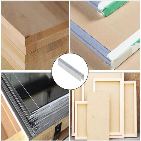 Hella Tough F25 Pneumatic Nailer Staples With 1000 Count U Shaped Brad Nails High Carbon Steel Construction, shown with various wood and panel projects.