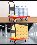 Heavy Duty Folding Flatbed Cart With Precision Rollers, Portable Hand Pulled Dolly For Garage And Job Site Cargo Hauling loaded with water bottles and boxes.