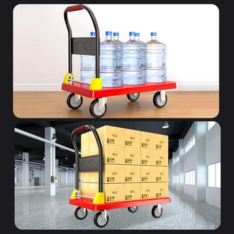 Heavy Duty Folding Flatbed Cart With Precision Rollers, Portable Hand Pulled Dolly For Garage And Job Site Cargo Hauling loaded with water bottles and boxes.