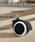 Caster dimensions for Five Piece Replacement Office Chair Wheels Set, Universal Casters For Study Chairs, shown on carpet.