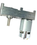Super Cool DC Geared Motor GF-775 That Hits The 6V 12V Or 24V Sweet Spot With Serious Power And High Torque Perfect For DIY Builds, Robotics, And Mobile Projects You Won't Get Bored Making Things Move Like A Boss, side view, silver metal housing.