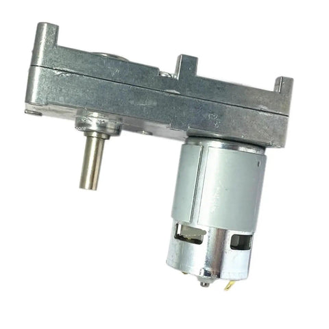 Super Cool DC Geared Motor GF-775 That Hits The 6V 12V Or 24V Sweet Spot With Serious Power And High Torque Perfect For DIY Builds, Robotics, And Mobile Projects You Won't Get Bored Making Things Move Like A Boss, side view, silver metal housing.