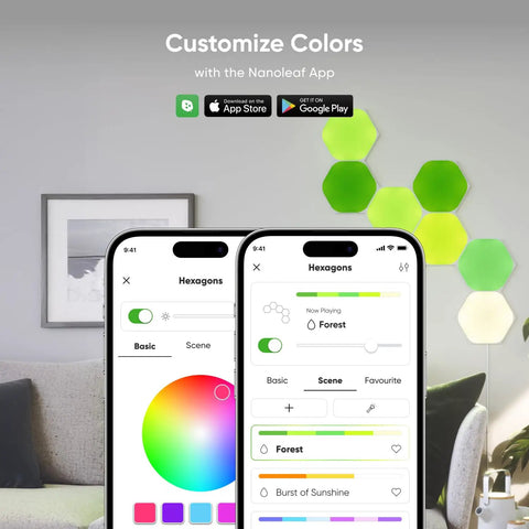 Hexagon Shapes Expansion Pack For Smarter Kit Build Bold Colorful Wall Art With Modular RGB LED Panels displayed with app controls.