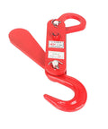 Red 3 Ton Automatic Decoupling Lifting Hook For Forklifts, thickened alloy steel, self dumping lifting tool for heavy loads, side view.