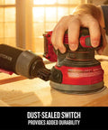 Person using V20 Cordless 5 Inch Orbital Sander Bare Tool with 12,000 OPM, dust-sealed switch, onboard dust bag on wood surface.