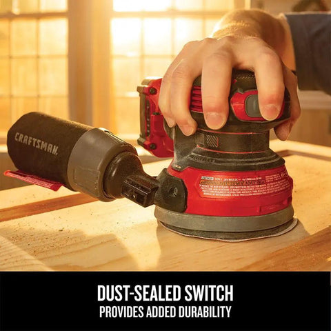 Person using V20 Cordless 5 Inch Orbital Sander Bare Tool with 12,000 OPM, dust-sealed switch, onboard dust bag on wood surface.