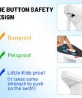 Water Bottle Pump Dispenser For 5 Gallon Jugs With Manual Pump, showing safety button, spill proof feature, and design icons.