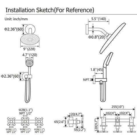 Installation sketch for Matte Black High Pressure Shower System With 9 Inch Round Shower Head And 3 Handle Wall Mounted Faucet
