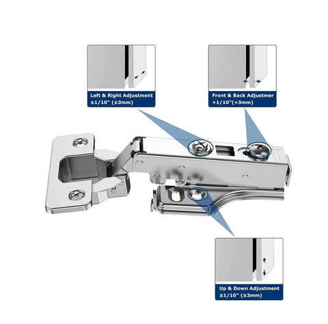 3D Adjustable Removable Cabinet Hinges With Soft Close Satin Nickel Finish showing alignment adjustments