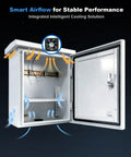 Kickass Outdoor Electrical Box With Built In Cooling Fan Weatherproof Galvanized Steel Wall Pole Mount Cabinet showing internal cooling fan and airflow.