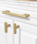 10 Pack Brushed Brass Knurled Cabinet Handles 5 Inch Center to Center gold pulls installed on white cabinet