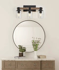 4-Light Industrial Farmhouse Vanity Lights With Rustic Wood And Clear Glass, Modern Metal Wall Sconce in cozy bedroom setting