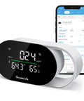 Smart Air Quality Monitor With PM2.5 Sensor, WiFi, Temperature And Humidity Tracking, LED Display showing connected app view.