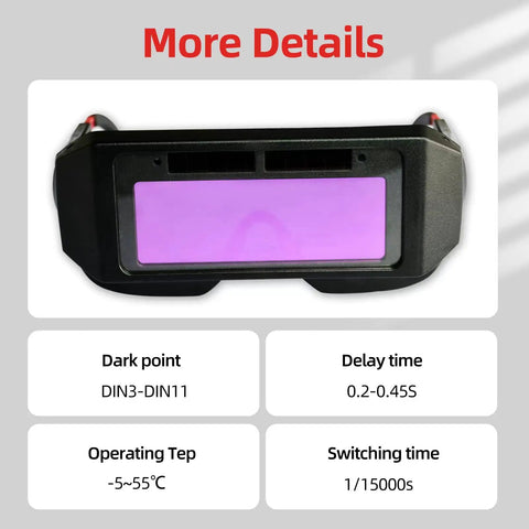 Auto Darkening Welding Glasses With 2 Sensors For TIG MIG MMA Plasma Lightweight 60 Grams, front view with specs