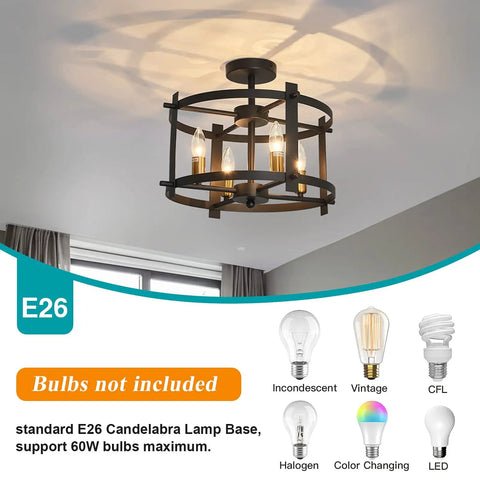 Dope Industrial Semi Flush Mount Ceiling Light With Four Lights Modern Metal Fixture in black and gold chandelier