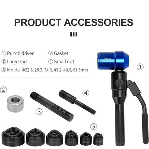 Portable Manual Hydraulic Hole Punch Kit With Six Die Set For Metal Sheets, showing punch driver, rods, gasket, and dies 22.5-61.5mm