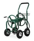 Beefy Heavy Duty Hose Reel Cart Holds Up To Three Hundred Feet Of Five Eighth Inch Hose With Four Wheels And Built In Storage Basket