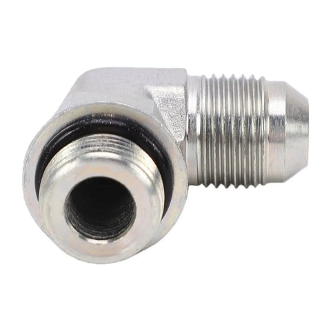 Badass 1/4 Inch 37 To SAE ORB Hydraulic Adapter 90 Degree Elbow Fitting Rock Solid Carbon Steel Construction Built For Crazy Tough Construction And Agricultural Machinery Jobs With Pro Hose Hookups Universal Fit Guarantee close-up angled view
