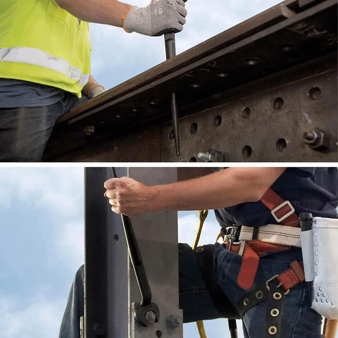 Worker using Spud Wrench for 5/8 Inch Bolts and US Heavy Nuts, Heavy-Duty Alloy Steel Construction on construction site