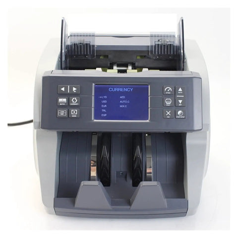 Heavy Duty Smart Bill Counter Machine With Uv Mg Ir Fake Cash Detector Mix Value Multi Currency Auto Denomination Check And Double Cis Sensor For Straight Up Fast Legit Verification Bank Ready top view with display and currency options.