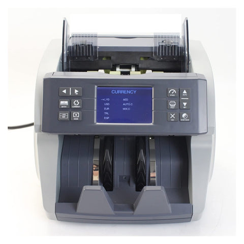 Heavy Duty Money Counter Machine With Ultraviolet And Magnetic Detection For Authenticating Legit Currency And Sorting Mixed Denomination Bills Quick Sync Tech with display and twin rollers.