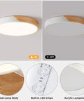 Modern LED Ceiling Light With Wood Flush Mount Design, Circular Lighting Fixture With Acrylic Lampshade, Neutral White, ON/OFF views