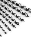 Badass Eight Piece Extra Long Auger Drill Bit Set For Woodworking Crafted From Heavy Duty Steel To Slice Through Hardwood Like Butter Includes Tough Wooden Storage Box showing various sizes and designs of auger bits.