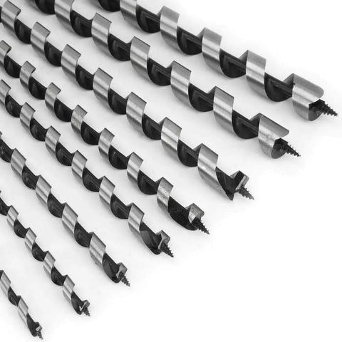 Badass Eight Piece Extra Long Auger Drill Bit Set For Woodworking Crafted From Heavy Duty Steel To Slice Through Hardwood Like Butter Includes Tough Wooden Storage Box showing various sizes and designs of auger bits.