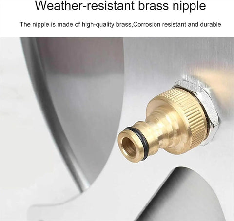 Close-up of weather-resistant brass nipple on Top Shelf Stainless Steel Garden Hose Reel Cart With Quick Draw Wall Mount.