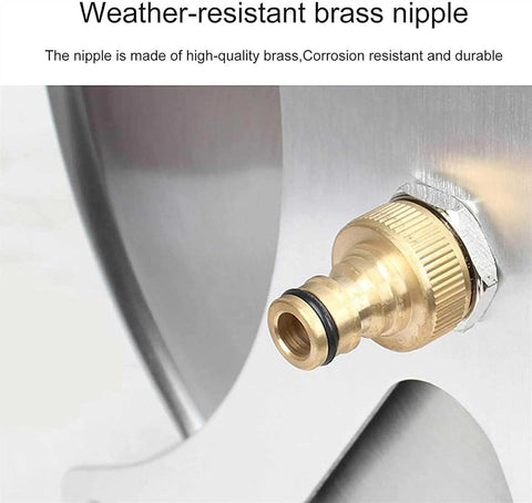 Close-up of weather-resistant brass nipple on Top Shelf Stainless Steel Garden Hose Reel With Smooth Retracting Roll Cart.