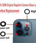 2 Pack IPhone 13 Pro And 13 Pro Max Camera Lens Replacement Glass With PreInstalled Adhesive OEM Original Quality Includes Repair Tools Easy Diy Fix Dual Set For Seamless Camera Lens Repair shown on a phone with highlighted parts