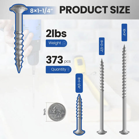 Pocket Hole Screws One And A Quarter Inch, 373 Pcs Set with product size, weight 2 lbs, and 373 pieces displayed next to tools