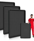 Three Piece Extra Large Heavy Duty Oil Drip Pan Set 35.4 by 24 by 1.6 Inches with person for size reference