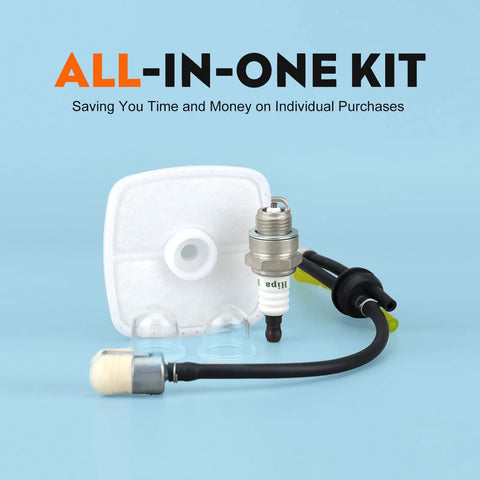 Beefed Up Repower Tune Up Kit With Air Filter And Fuel Filter For Echo SRM210 SRM225 Trimmers And PB Series Blowers Includes GT200 GT225 PAS225 ES210 ES250 Models Maintenance Kit shown with components.