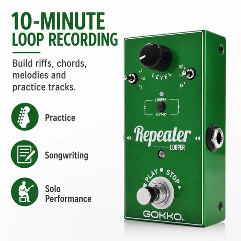 Green Ten Minute Electric Guitar Loop Pedal With Unlimited Overdubs Undo Redo Auto Loop Memory Loop Station And True Bypass Compact Repeater Looper