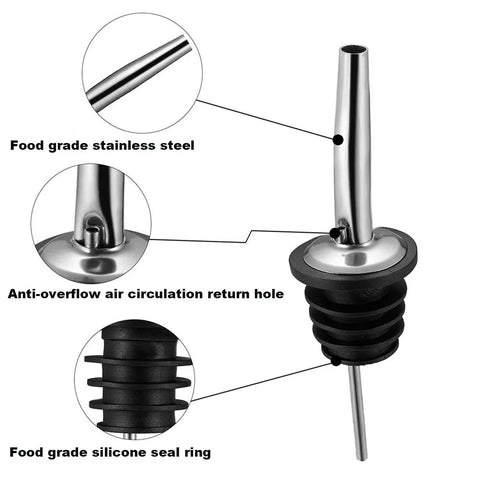 Set Of 2 Stainless Steel Pourers For Liquor Olive Oil And Vinegar Bottles With Tapered Stopper Spouts No Spill Control Sealed Dust Caps Fits About Three Quarters Inch Bottle Openings Durable And Easy To Clean Built Like A Tank food-grade stainless steel pourer