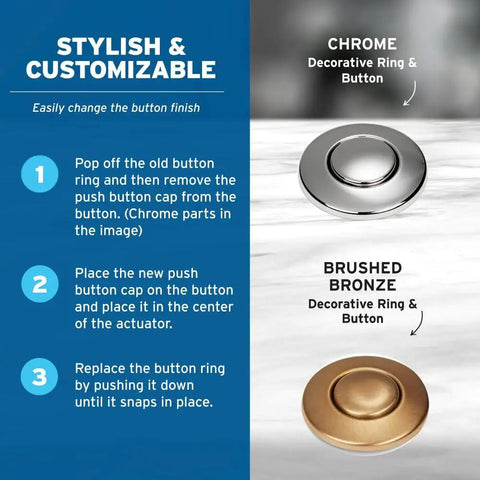 Polished Nickel Air Switch Button For Garbage Disposal Fits One And A Quarter To One And A Half Inch Sink Hole Dual Outlet Cap Replacement For Modern Dope Kitchen Upgrades And Sleek Sink Top Finish shown with chrome and brushed bronze options