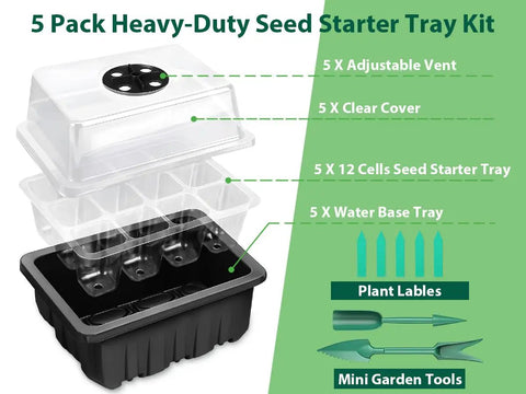 Seed Starter Tray Kit With 60 Cells, Humidity Dome And Base, Reusable Seedling Trays, Garden Labels, Tools, 5-pack