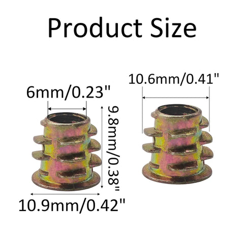50 Piece M6 Zinc Alloy Threaded Inserts For Wood Furniture No Sweat Assembly Hex Socket Screw In Nuts With Allen Wrench Battle Tested Diy Workshop Gear Bundle size dimensions in millimeters. Left: 6mm width, 10.9mm height. Right: 10.6mm width, 9.8mm height.