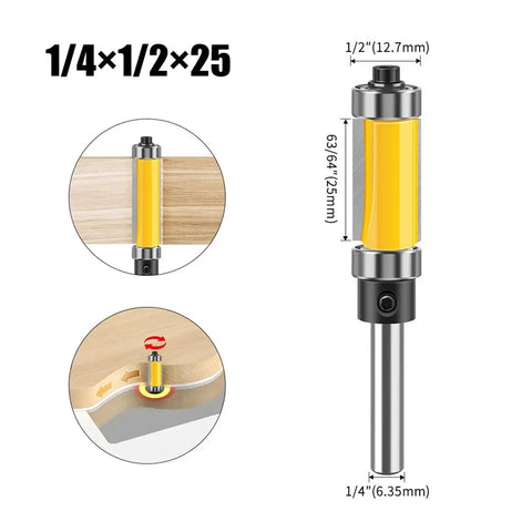Premium 1/2 Inch Double Bearing Flush Trim Router Bit With 6mm Or 1/4 Inch Shank for precise wood trimming and cabinet making.