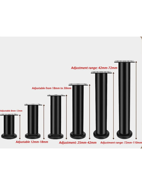 Premium Adjustable Furniture Leveling Feet Set With Universal Screw Threads To Fix Those Wobbly Tables Beds And Couches Quick No Sweat Tool Free Gold Pads For Slick Setup And Smooth Floor Protection showing various heights and adjustments.